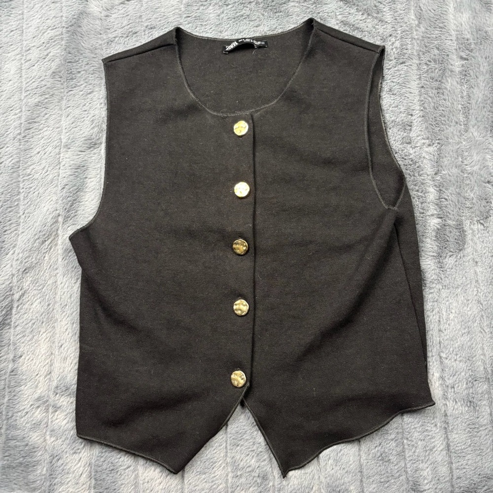 Zara Black Knit Waistcoat Vest Hammered Gold Buttons Small 143337